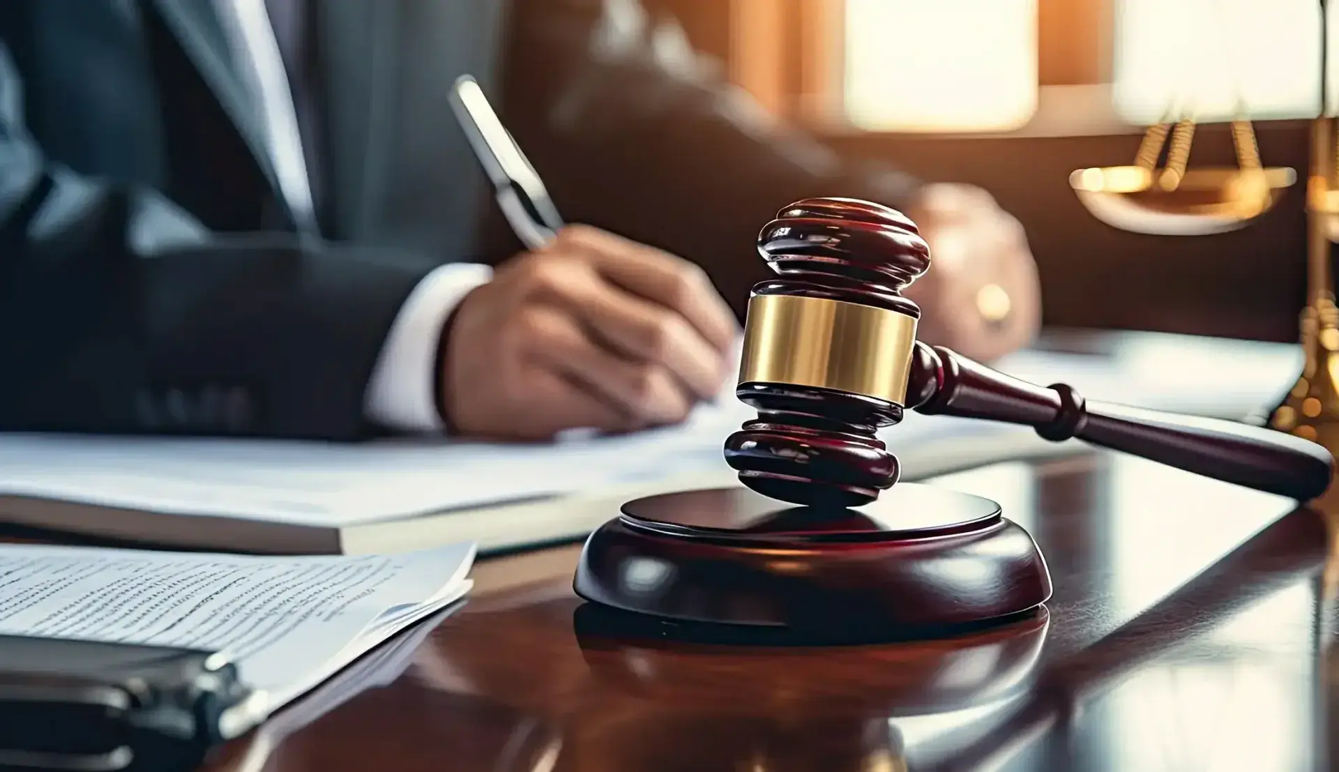 Judge’s gavel on a desk beside legal documents, with a person writing in the background.