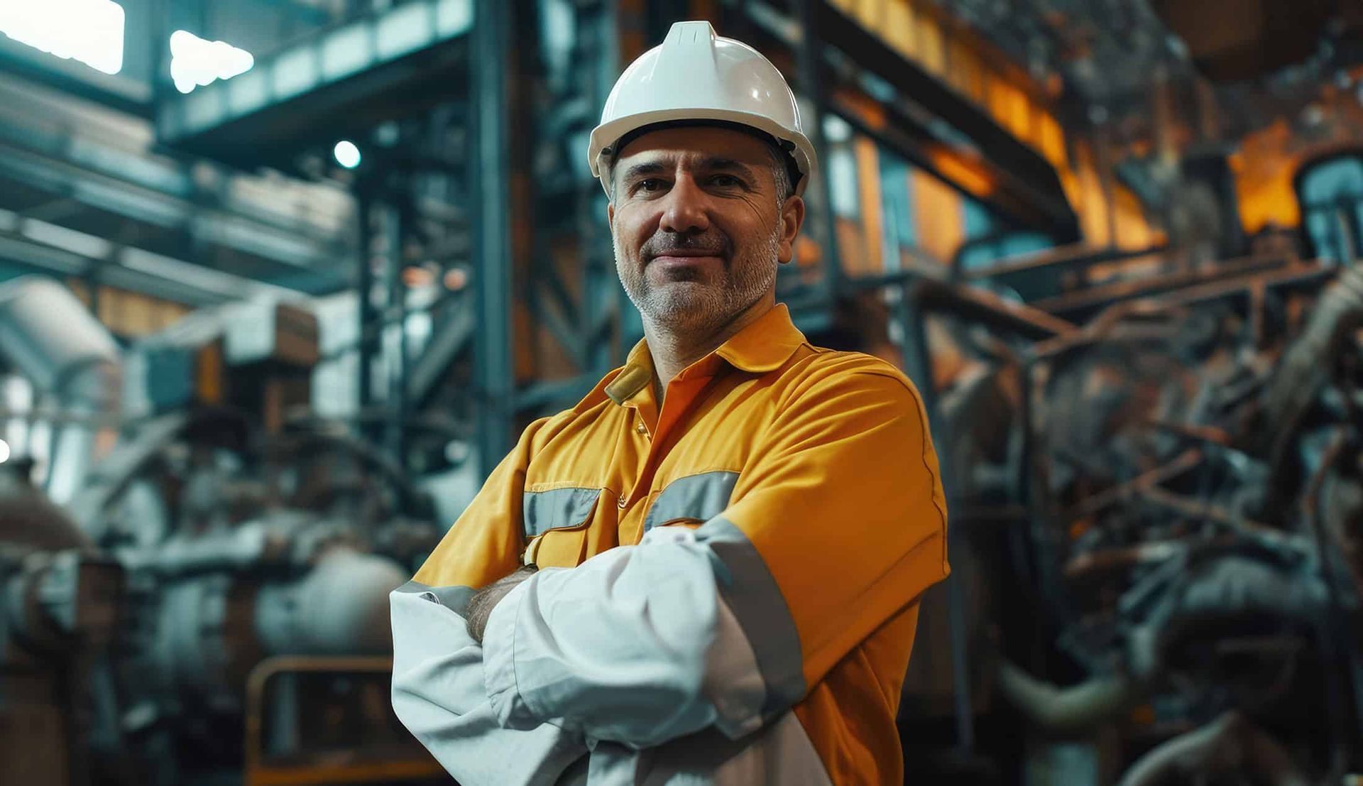 Factory worker in orange shirt and white hard hat standing with arms crossed in an industrial plant.