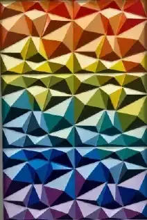 Abstract geometric mosaic with layered triangular facets in warm red, yellow, teal, blue, and purple bands