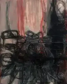 Abstract dark sketch with red vertical streaks and indistinct black shapes