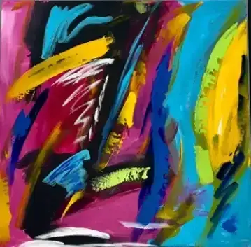 Abstract painting with bold magenta, yellow, blue, and black brushstrokes on a dark background