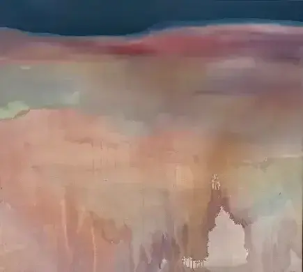 Abstract pastel landscape with pink, peach, and lavender washes and a soft horizon line