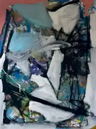 Abstract painting with bold black, white, blue, and teal brushstrokes layered diagonally.