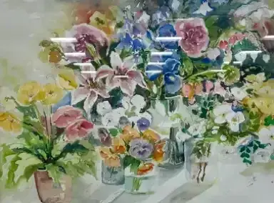 Watercolor bouquet of pink, blue, and yellow flowers in glass vases on a table