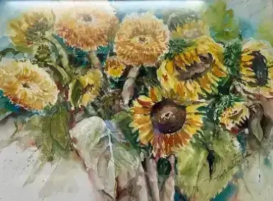 Painting of sunflowers in yellow, orange, and green, with a dark-centered bloom in the foreground.
