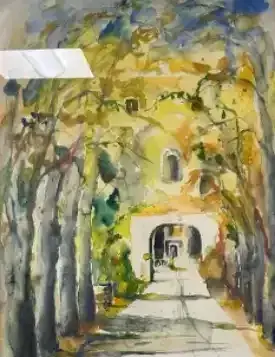 Watercolor of a sunlit stone building framed by tall trees and a path leading to an arched entrance