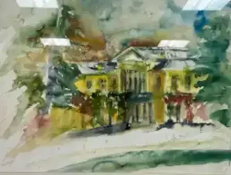 Watercolor of a yellow house with a dark gate, set amid trees and a pale path.