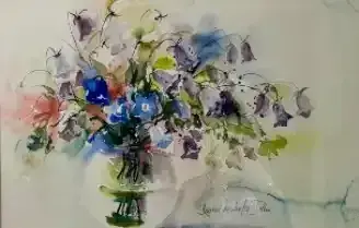 Watercolor bouquet of purple, blue, and green flowers in a vase on a light background