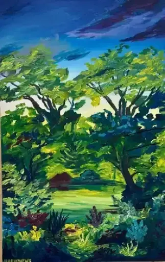 Lush green trees and shrubs under a bright blue sky in a sunlit garden-like landscape
