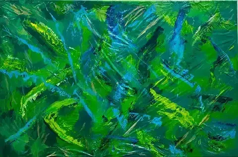 Abstract green and blue brushstrokes with bright yellow accents, resembling dense foliage
