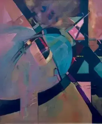 Abstract geometric painting with overlapping teal, pink, and black shapes and curved lines.