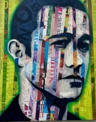 Stylized portrait in profile with layered newspaper textures on a green-yellow background