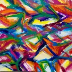 Abstract painting with bold, swirling strokes in bright red, blue, yellow, green, and pink