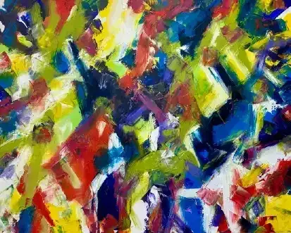 Abstract painting with bright red, blue, yellow, and green brushstrokes in a dynamic pattern