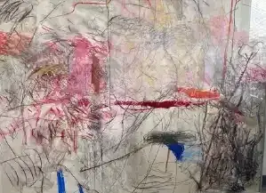 Abstract mixed-media artwork with pink, gray, black, and blue brushstrokes on a pale background